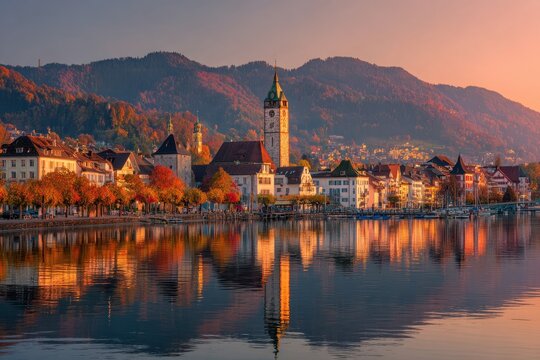 Zug Switzerland. Cityscape of Zug at Beautiful Autumn Sunset with Tower and Mountain Views