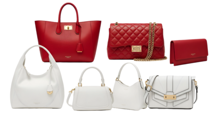 set collection of stylish women handbag purse, red and white leather, different colors and style, luxury elegant ladies hand bags isolated on white png transparent background 