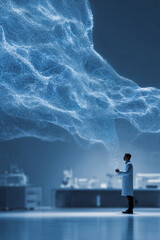 A scientist observes an abstract, glowing data cloud. Concept for technology, research, and innovation. Ideal for science, medicine, and data visualization.