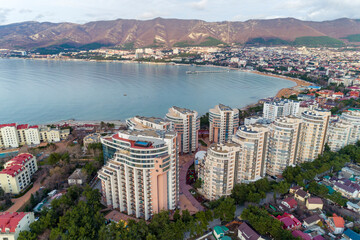Panorama of Gelendzhik resort. Elendzhik Bay and Caucasus Mountains. In foreground of residential...