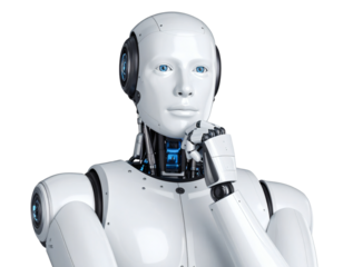 Intelligent robot contemplating future technology and innovation with thoughtful expression and futuristic design