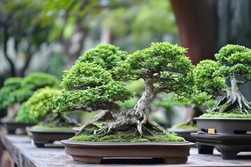 Rare collection of flourishing green bonsai trees