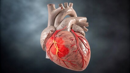 Human heart with detailed veins and arteries on dark background, 3d rendering , concept of healthcare, human heart anatomy,education, and scientific research.
