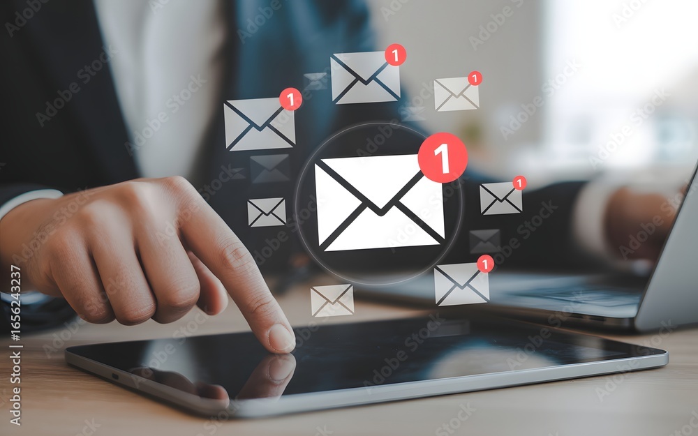 Poster person using tablet with email notifications and digital envelopes message