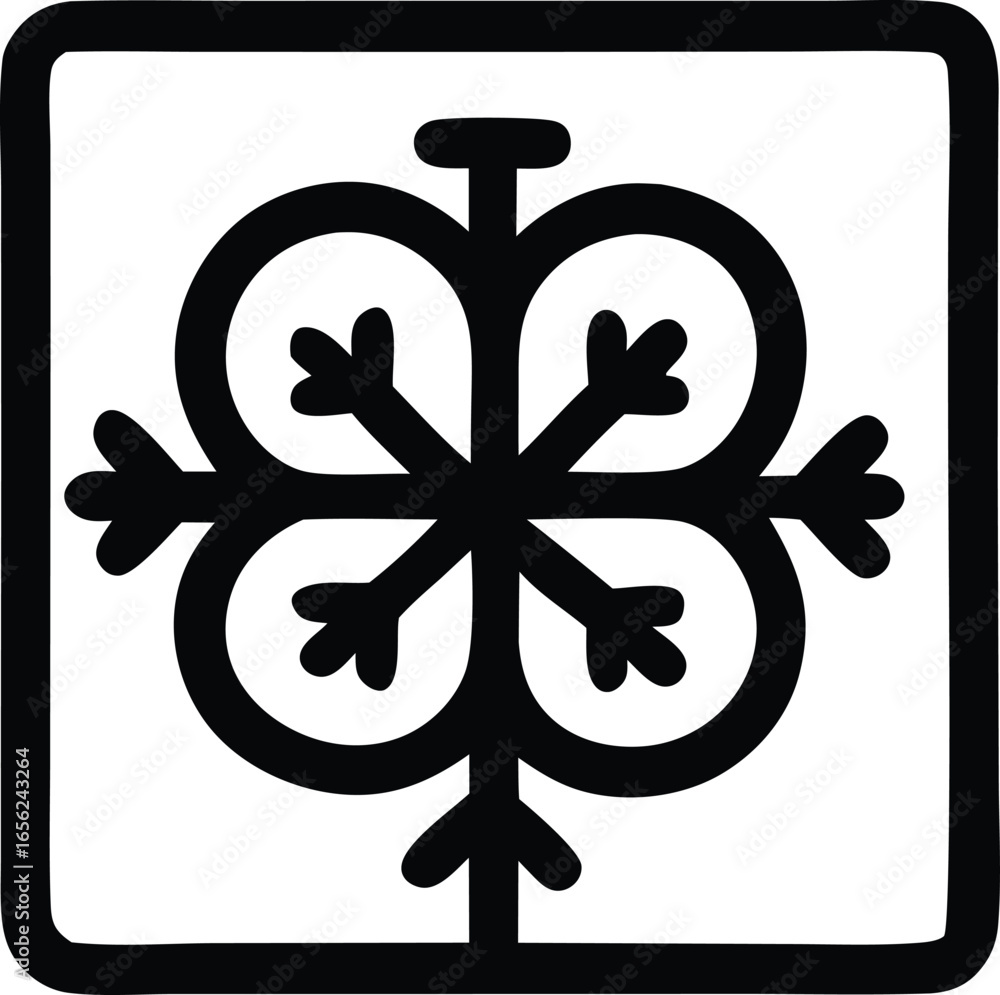 Poster intricate black and white geometric symbol with four interconnected circular elements and radiating 