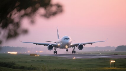 Obraz premium Commercial Passenger Airplane Landing on Runway at Sunset with Pink Sky