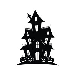 Spooky Halloween house illustration with a cartoon castle and flying bats against a dark sky, a spooky haunted house silhouette, detailed black and white illustration