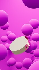 Abstract colorful pink balls with gold podium. Chaotic scatter spheres. Festive party wallpaper. 3d render creative background.