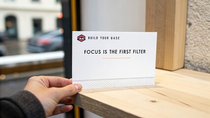 Hand holding card with motivational message in modern workspace