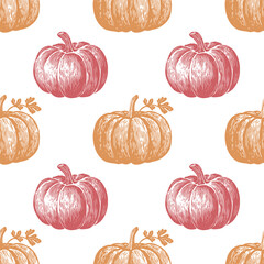Pumpkin linocut illustration seamless pattern featuring detailed designs in warm colors for autumn decor and seasonal crafts