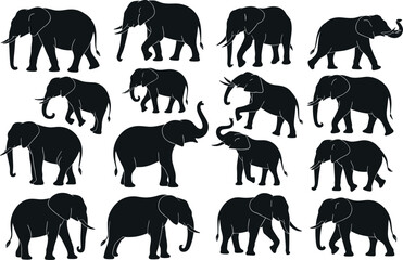 Elephant silhouettes in various poses, wildlife vector illustration, safari animal art, nature graphics, black icons, elephant design