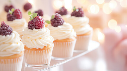 Delicious vanilla cupcakes with creamy frosting and fresh raspberries on display