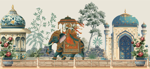 Traditional Mughal Wall Mural Illustration, Mughal Garden Wallpaper, Dome, Wedding Wall Mural, Elephant, Watercolor Background. © Sharif