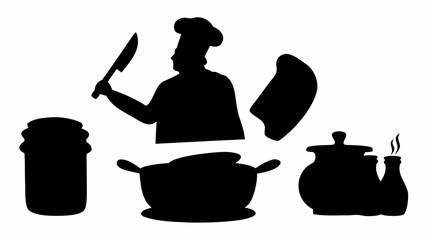 Silhouette of a chef with knife, pot, cutting board, and cooking containers in a kitchen setting scene