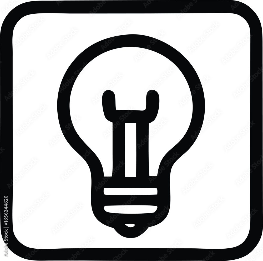 Poster simple line art icon of a classic incandescent light bulb within a rounded square outline symbolizin