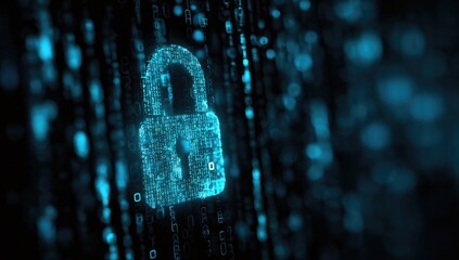Digital padlock on a binary code background