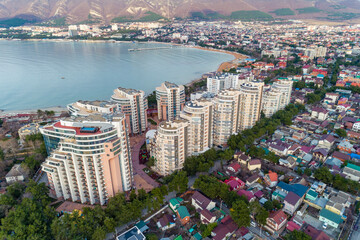Panorama of Gelendzhik resort. Elendzhik Bay and Caucasus Mountains. In foreground of residential...