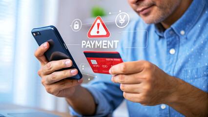 Man making secure online payment with credit card via mobile phone, digital security icons warning about transaction risks