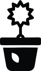 Stylized silhouette of a potted plant with a starburst bloom in a simple black and white graphic icon