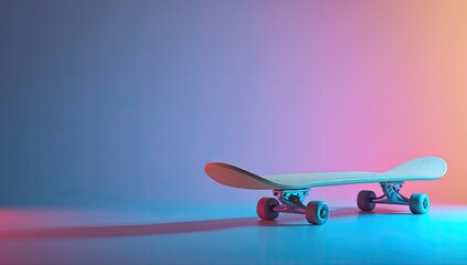 A skateboard in a vibrant neon studio setting