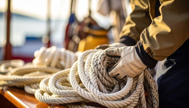 Close-up of sailor's hands holding coiled ropes on a sailboat, preparing for a journey.