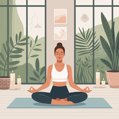 Peaceful Indoor Yoga Practice  Calm Woman Meditating in Nature-Inspired Space, Perfect for Wellness Marketing, Self-Care Apps, and Blogs