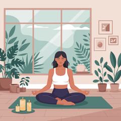 Serene Female in Yoga Pose  Peaceful Wellness Meditation Scene with Candles, Plants, and Soft Natural Light, Perfect for Blogs & Product Design
