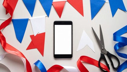Smartphone with blank screen surrounded by red, white, and blue ribbons, flags, and scissors.