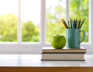 Green apple on books with pencils in a blue mug by a window.