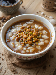 Cantonese Ting Zai porridge with traditional black Nanyang coffee, a breakfast comfort food