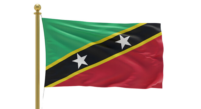 Flag of Saint Kitts and Nevis waving on a pole isolated on white background, representing Caribbean nation and culture