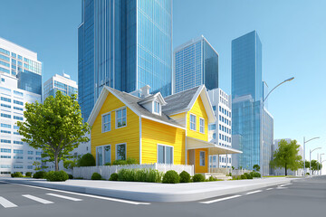 Obraz premium Dreamy yellow house nestled in a vibrant city, offering a blend of urban living and suburban charm in a bright environment