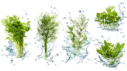 Obraz premium Fresh green herbs in splashing water isolated on white background, perfect for cooking and healthy recipes