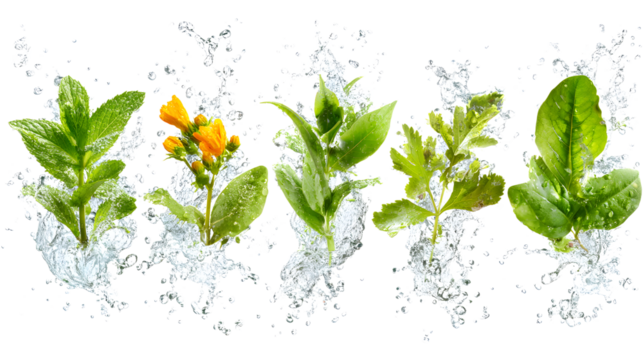 Fresh green herbs splashing in water isolated on white background, perfect for cooking and healthy eating content