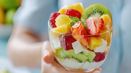 Fresh fruit salad with vibrant colors, including strawberries, kiwi, pineapple, and raspberries, served in clear glass bowl