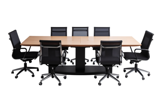 Modern conference room with a large wooden table and black office chairs, ready for business meetings
