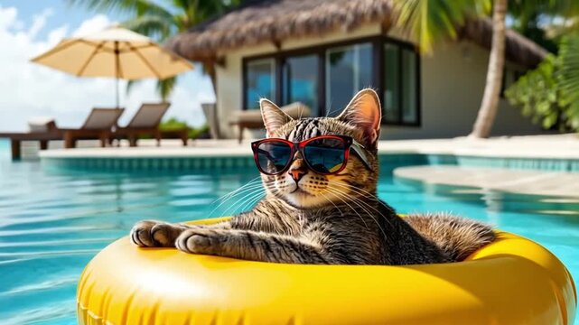 A relaxed tabby cat wearing sunglasses floats on a yellow inflatable ring in a swimming pool. A tropical setting with palm trees and a house is visible in the background.