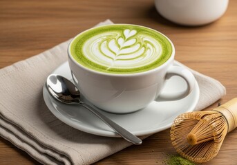 Delicious Matcha Latte with Leaf Art in White Cup on Wooden Table