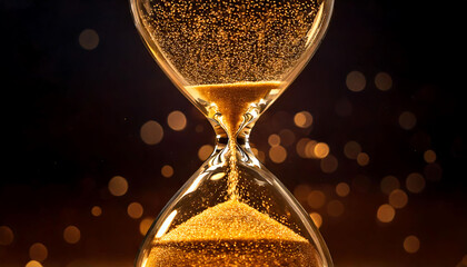 A stunning close-up of an hourglass filled with glistening golden sand against a dark, bokeh background.  Perfect for concepts of time, luxury, opportunity, and the passage of moments.