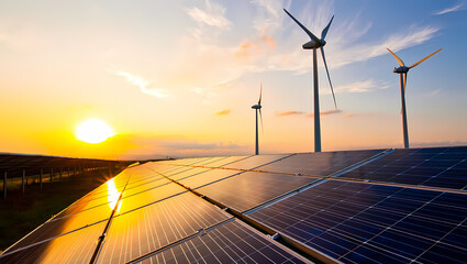 Solar Panels and Wind Turbines Reflecting a Golden Sunset Sky