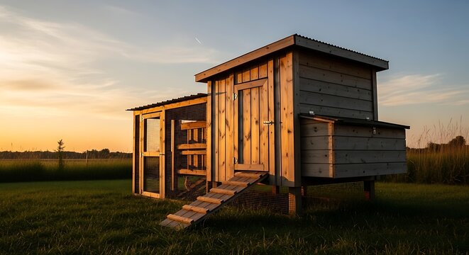 Backyard chicken coop farm hen house poultry wooden exterior sunset rural
