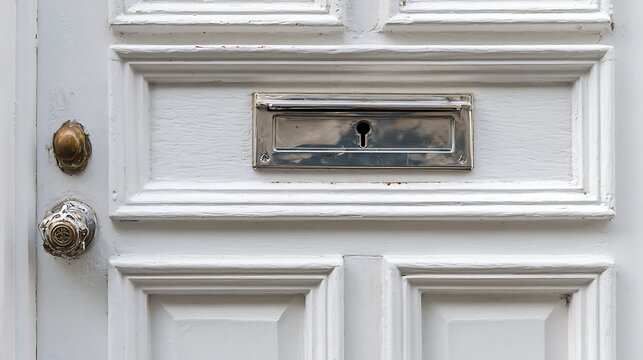 Close up view of white wooden door with mail slot and brass door knobs