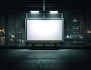 Empty billboard on a rooftop bench at night