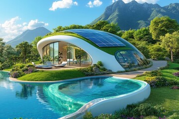 Futuristic eco house with solar panels, curved architecture and pool surrounded by lush greenery and mountain landscape in sunlight