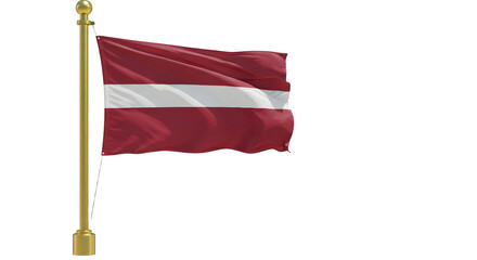 Latvia flag waving on gold pole isolated on white background, Latvian national symbol for independence and patriotism