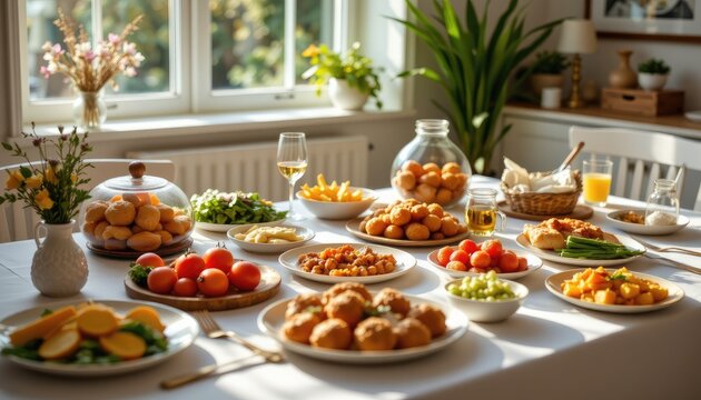 Abundant Breakfast Spread with Fresh Fruits, Vegetables, Pastries, and Refreshing Drinks on a Sunny Table Setting