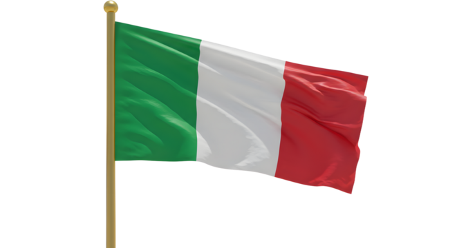 Italian flag waving on a flagpole with green, white, and red vertical stripes, symbolizing Italy and Italian heritage