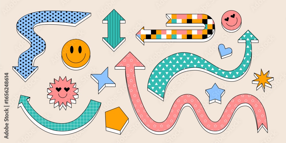 Poster decorative arrows with playful patterns in retro design - curved, wavy and straight pointers decorat