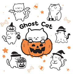 halloween cat characters with festive elements. cute halloween ghost cats in costume with pumpkin and candy elements, playful cartoon illustration for seasonal decoration, stickers or children content