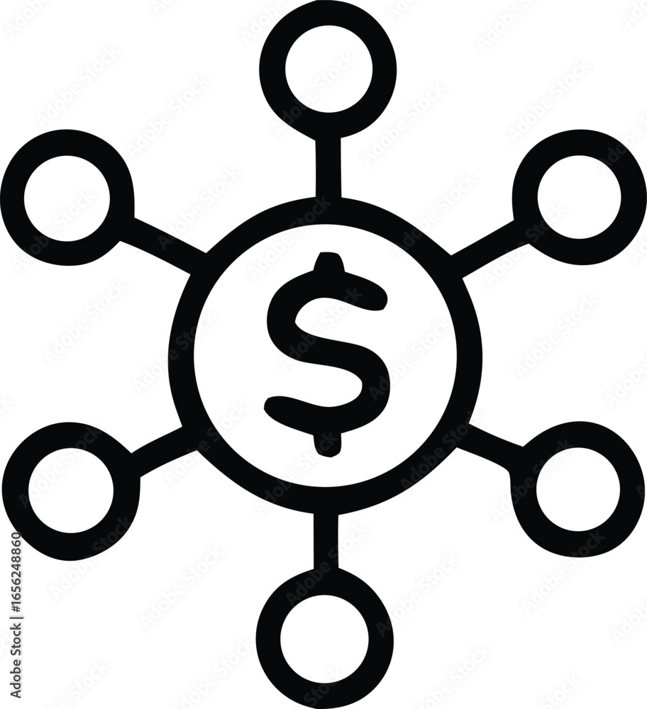 Poster abstract icon representing a central dollar sign connected to multiple circular nodes illustrating f